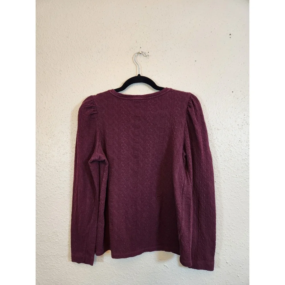 LOFT Womens Medium Burgundy Knit Top Puff Sleeve Textured Crew Neck Long Sleeve
